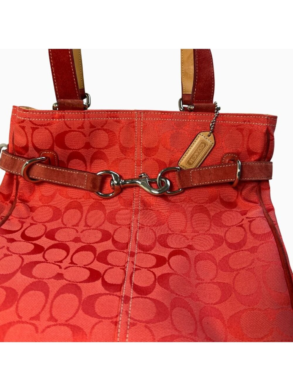 Coach LTD Signature C Belted Canvas Purse Satchel Carryall Tote Bag Red Tan